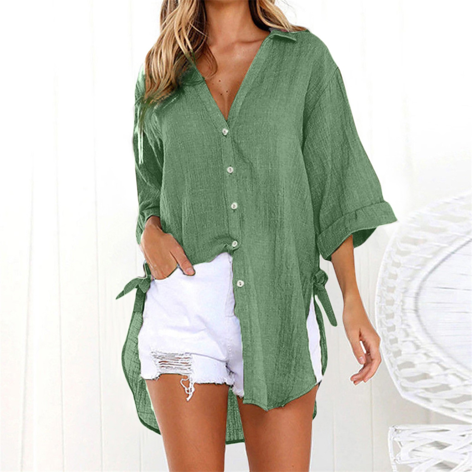 thumbnail image 2 of Vestido camisero largo holgado con botones para mujer - Tops casuales de algodón, cuello en V y manga larga, poliéster, ropa de verano/otoño, 2 of 8